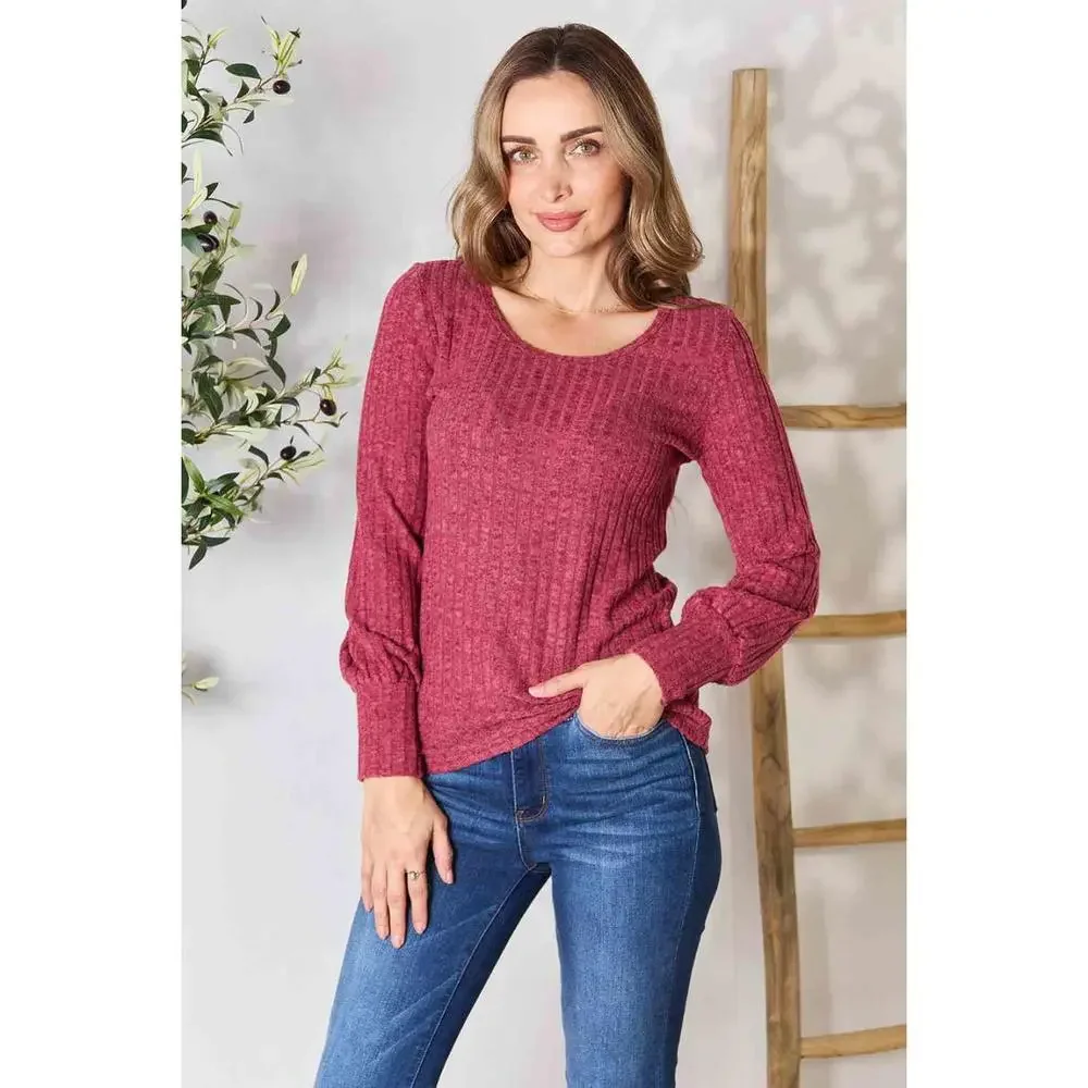 Double Take Ribbed Round Neck Lantern Sleeve Blouse - Picture 1 of 15